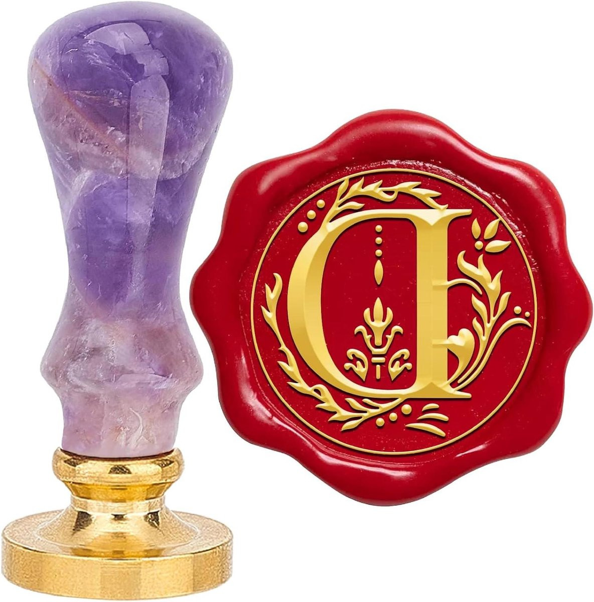 Allecto Wax zegelstempel met afneembare messing kop en amethist handvat - 26 letters - Retro stijl