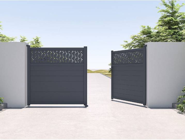 Gartentor Flügeltor mit Torantrieb - 355 x 181 cm - Aluminium - Halbvoll mit Muster - Anthrazit - BAZIO