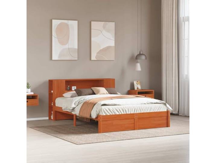 Massivholz Kiefer Bettgestell mit Aufbewahrung Kopfteil modern 140 x 190 cm Bettgestell mit Stauraum Kopfteil Massivholz Kiefer Wachsbraun 140x190 Lattenrost Modernes Design Schlafzimmer Moebel