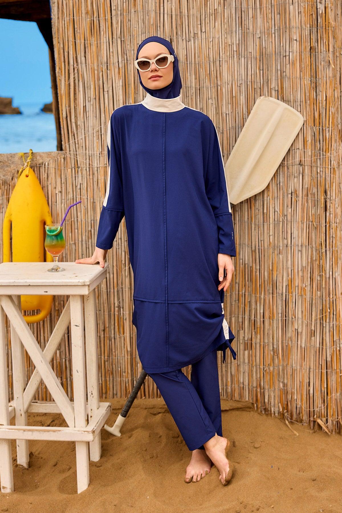 Marineblauwe, bescheiden badmode Burkini-set met volledige dekking