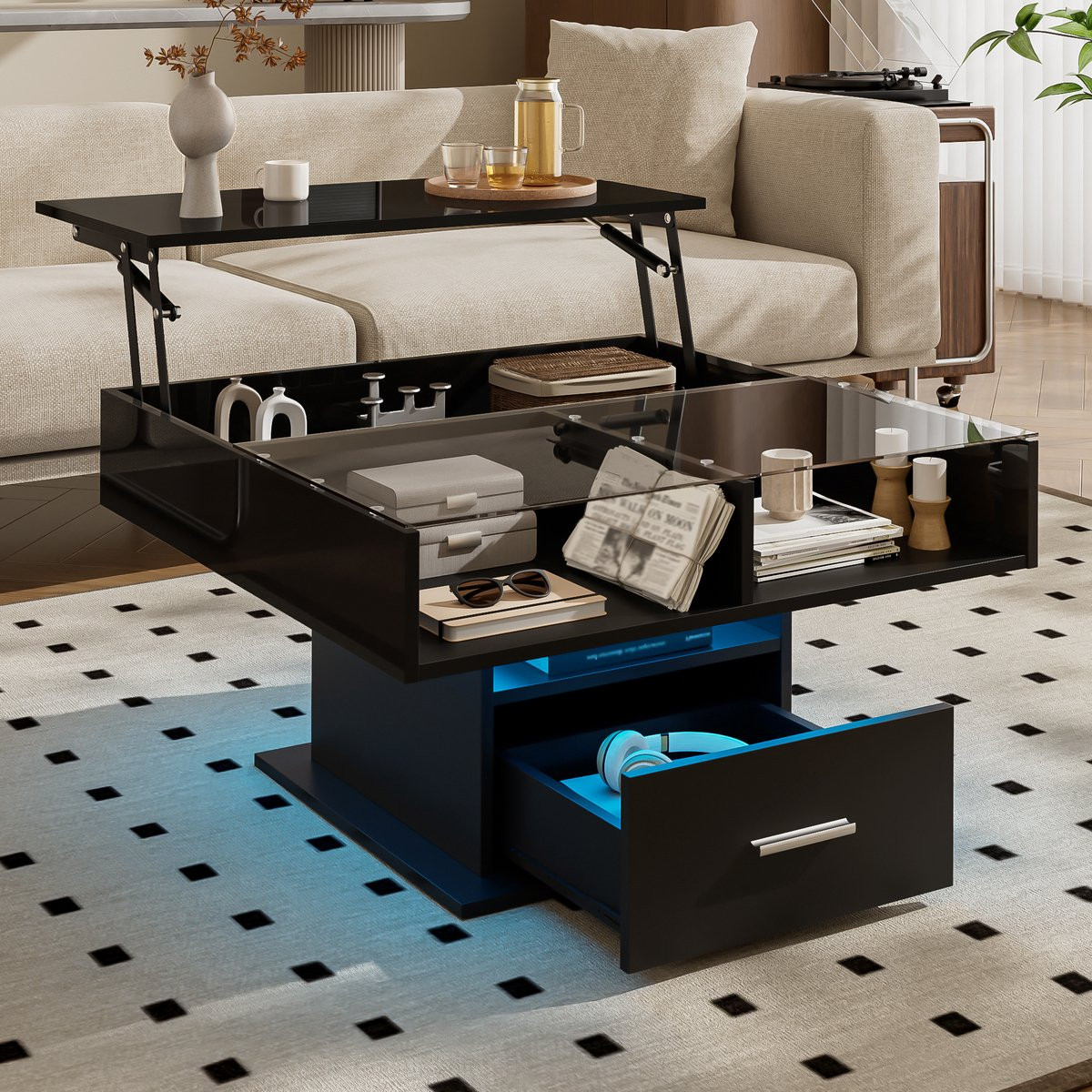 REDOM Multifunctionele hoogglans lift-salontafel met LED-kleurwissel, Bluetooth en opbergruimte - Zwart