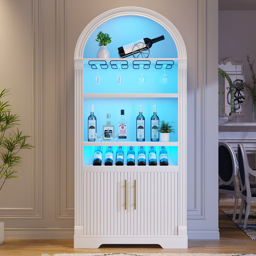 Rio 180cm H Freestanding Arch Wine Cabinets with Wine Glass Holder and Wine Rack, Bar Liquor Cabinets with Led Light & Motion Sensor White 180cm H X 77.2cm D X 37.2cm L