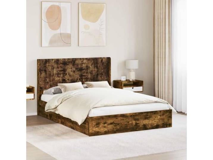 RJPLMFV Bettgestell mit Stauraum, Kopfteil, Raucheiche Holz, modernes Design, inklusive Latten, einfache Pflege