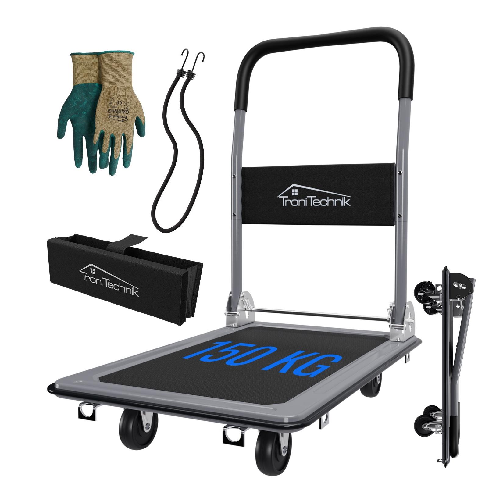 TroniTechnik® Transportwagen Plattformwagen klappbar, 150 kg Tragkraft mit Antirutschbeschichtung, Halterung, Griffpolster