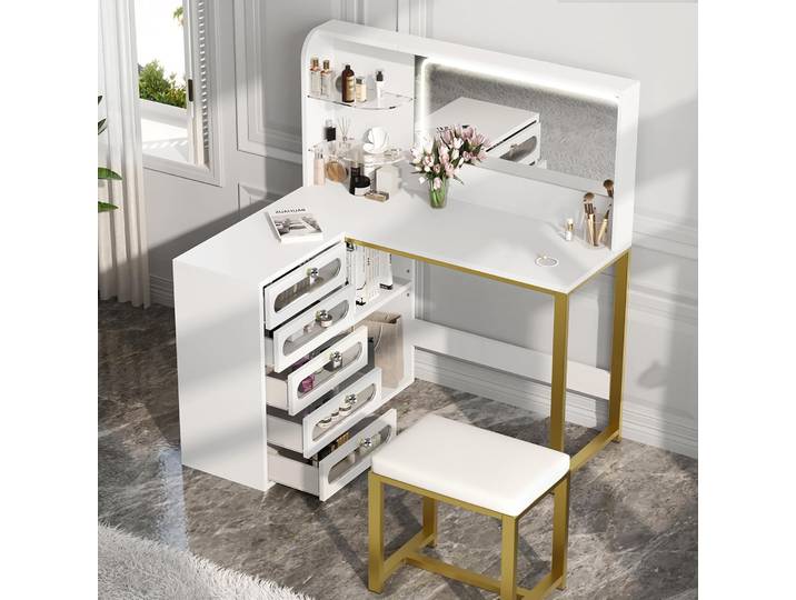 Schminktisch mit großem LED-Spiegel, Hocker, 6 Schubladen, offenen Regalen, verdecktem Stauraum, modernem Design, Weiß