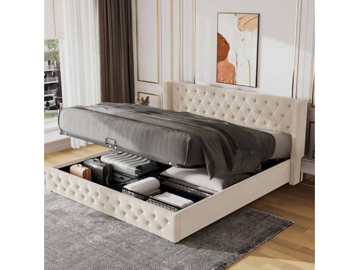 Lit - FLASIDU - Double 180x200cm - Rembourré en velours - Beige - Rangement hydraulique