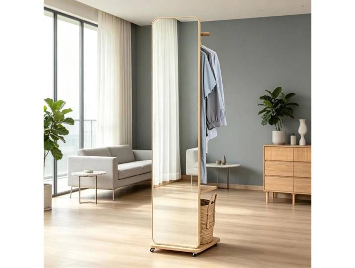 Miroir sur pied avec porte-vêtements - Miroir de coiffeuse élégant - Aspect bois clair - MDF E1 et pin massif - Verre