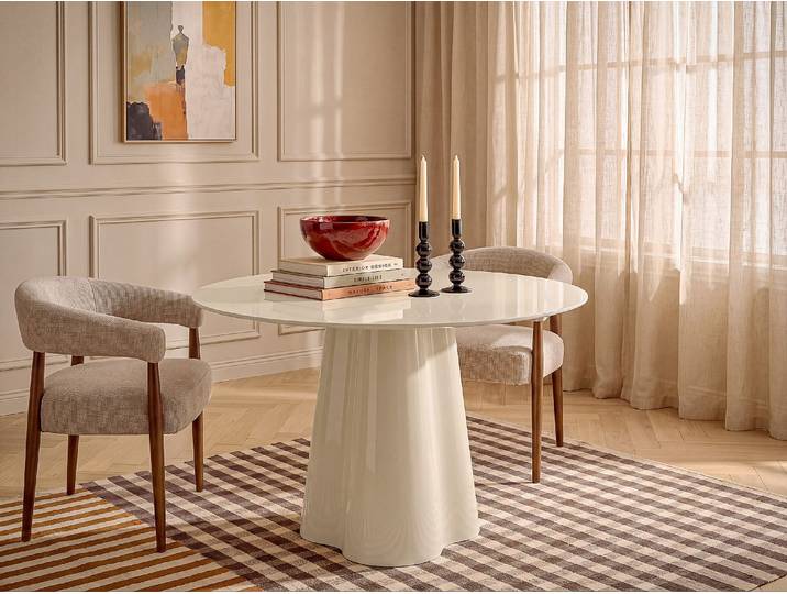 Runder Esstisch für 4 Personen aus MDF und Sicherheitsglas - Lackiert Beige - AVALINA