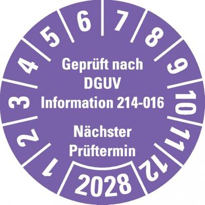 Dreifke® Prüfplakette Geprüft DGUV Info. 214-016 NP 2028, violett, Dokufolie, Ø30mm, 18 Stk.