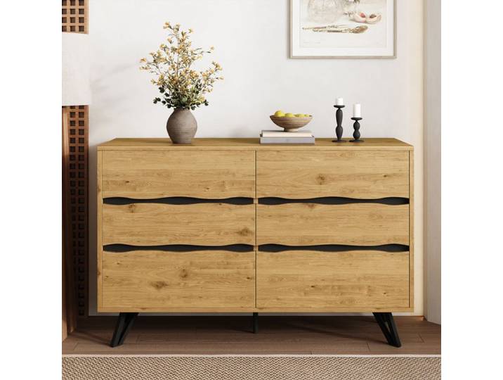 Buffet moderne - TANANT - Buffet haut - 6 tiroirs - Pieds en métal noir - 120x40x75.5cm
