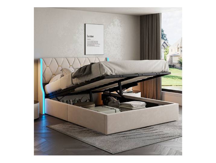 Furnishings Home Polsterbett Stauraumbett Doppelbett LED-Licht (Modernes Jugendbett, Leises Design Bett, Max. Belastbarkeit 350 kg), Mit LED-Beleuchtung, Lattenrost, Samt, 160x200 cm