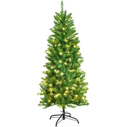 COSTWAY 150 cm hoher Bleistift-Weihnachtsbaum mit warmweißen LED-Lichtern und Klappsystem