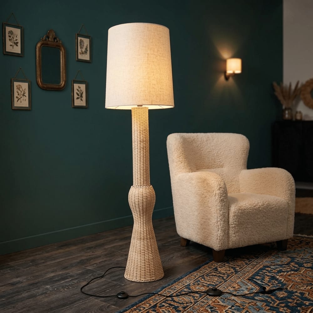 NIYLO Lampadaire en rotin et lin beige 46x46x161 cm Beige 46x161x46cm