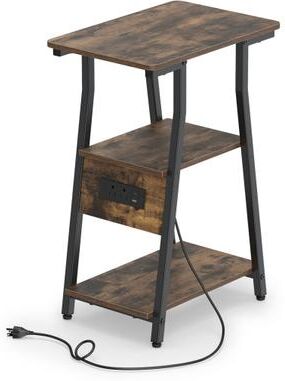 Costway Set of 1 Industrial Side Tables with Charging Station & 3-Tier Shelves for Small Space-Rustic Brown