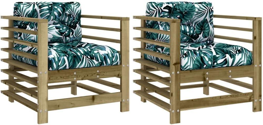 Set aus 2 Gartenstühlen aus imprägniertem Kiefernholz mit Kissen, Latten-Design sowie Arm- und Rückenlehnen, für Garten, Innenhof oder Terrasse, belastbar