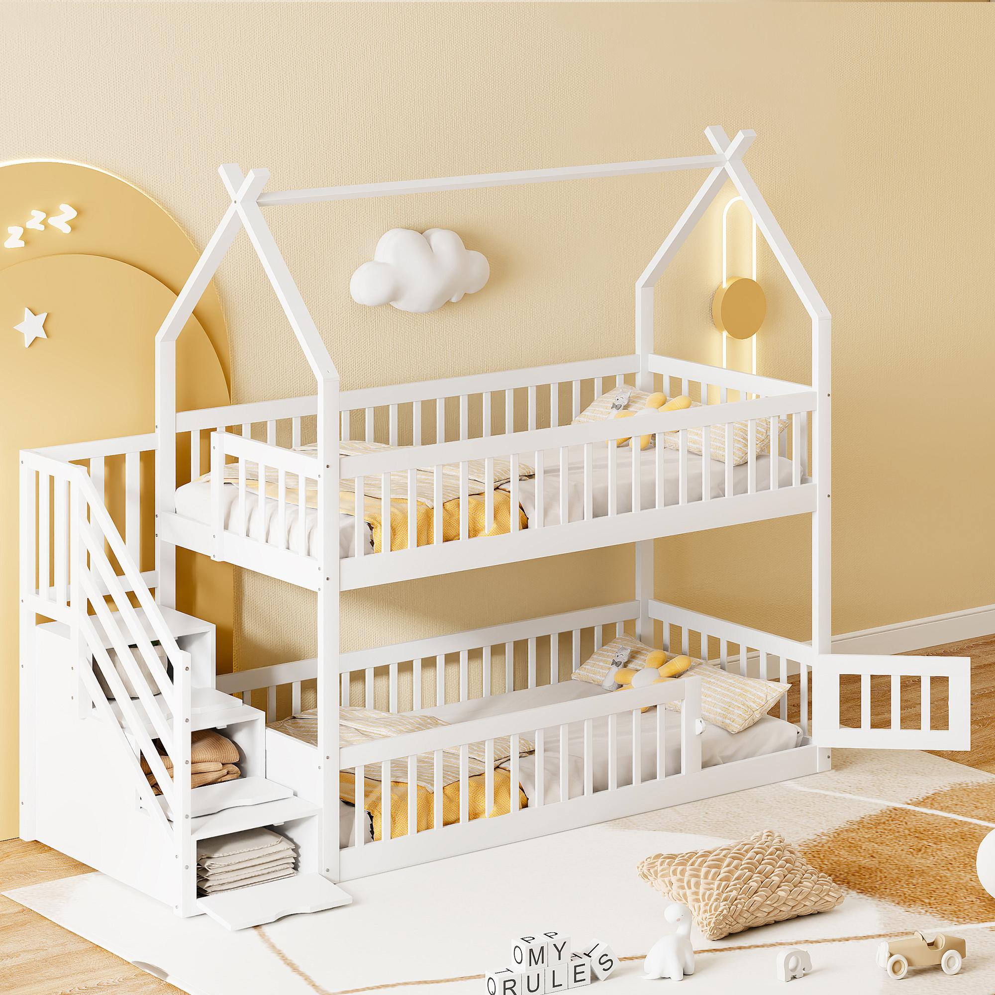 okwish Etagenbett 90x200 mit Stauraumschubladen,Kinderbett Holzbett mit Dach,Bettgestell Jugendbett mit Sicherheitsleiter und Dach,ohne Matratze,Weiß