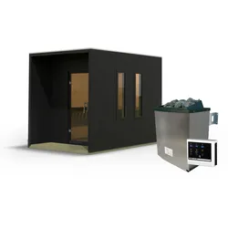 Karibu Design Saunahaus Laguna Blackline - 73 mm schwarz Inkl. Terrasse 9 kW Ofen inkl. Steuergerät