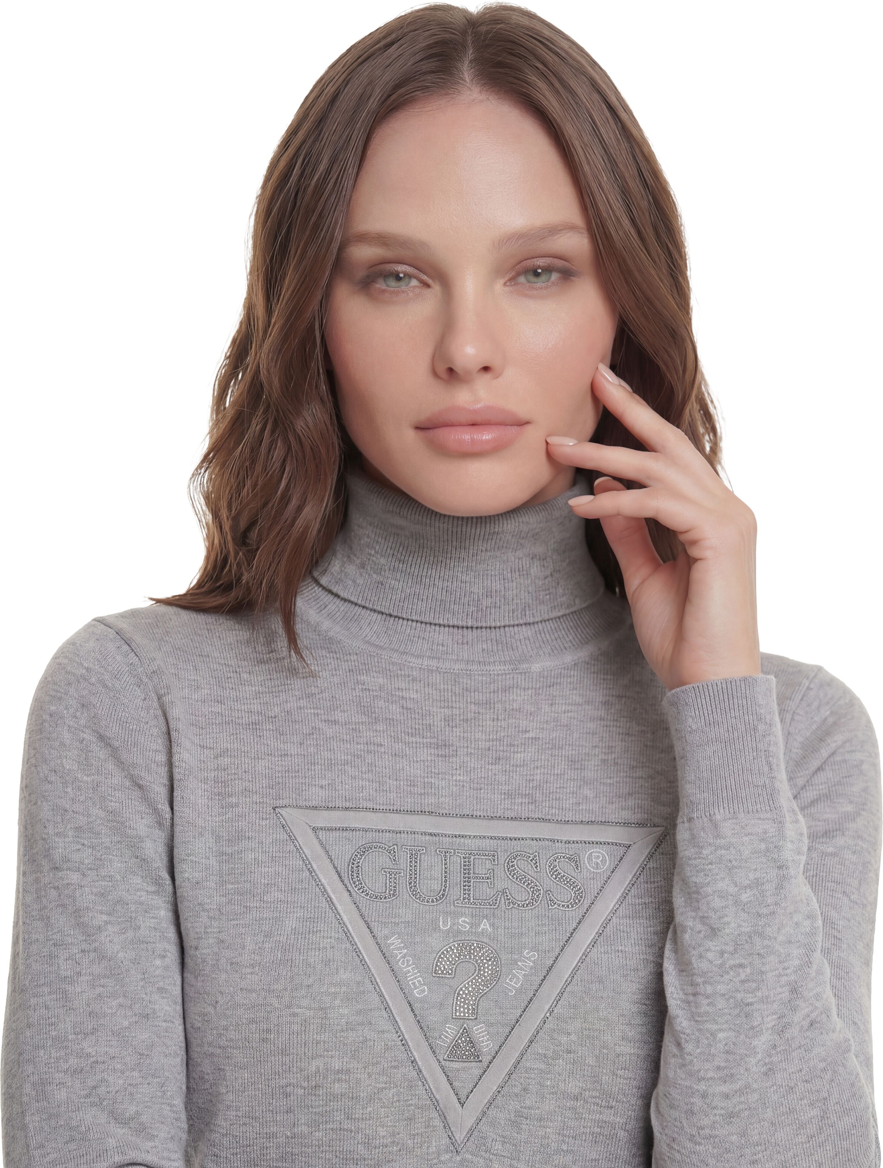 Rollkragenpullover GUESS "LS TN HALLIE TRIANGLE LOGO SWT", Damen, Gr. L, light melange grau m, Feinstrick, Obermaterial: 82% Viskose, 16% Polyamid, 2% Elasthan, meliert, hüftbedeckend, hoch geschlossener Ausschnitt, Rippstrickbündchen, Pullover Rollkragen