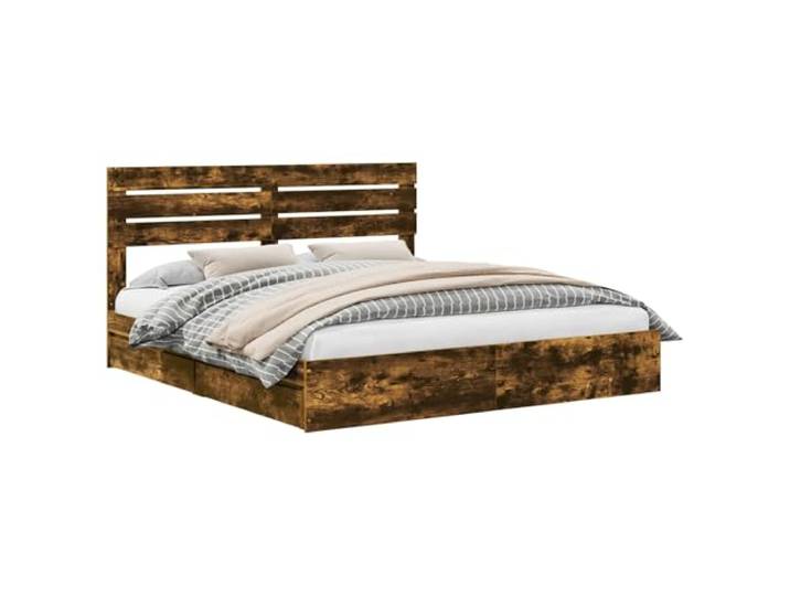 PUGYNBK Bett mit Schubladen Eiche rauchfarben 180 x 200 cm Robustes Holz, integriertes Kopfteil, verschiebbare Schubladen, einfache Montage, Verwendung im Innenbereich