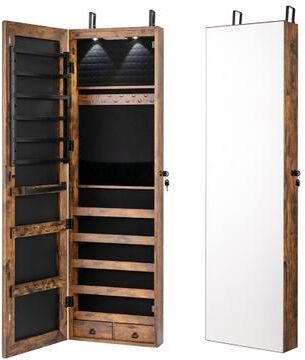 Costway Wall and Door Mounted Mirrored Jewelry Cabinet with Lights-Rustic Brown