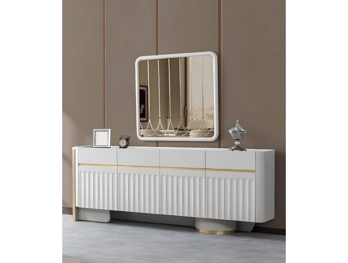 Xlmoebel Sideboard Elegantes Sideboard in Weiß mit Spiegel und Edelstahlakzenten (Sideboard + Spiegel, Sideboard + Spiegel), Hergestellt in Europa