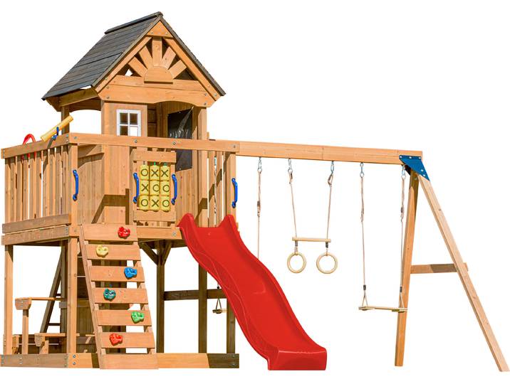 AXI Jack Spielturm aus Holz in Braun mit Doppelschaukel Spielplatz für Kinder mit roter Rutsche, Schaukel, Trapez, Kletterwand, Picknicktisch &
