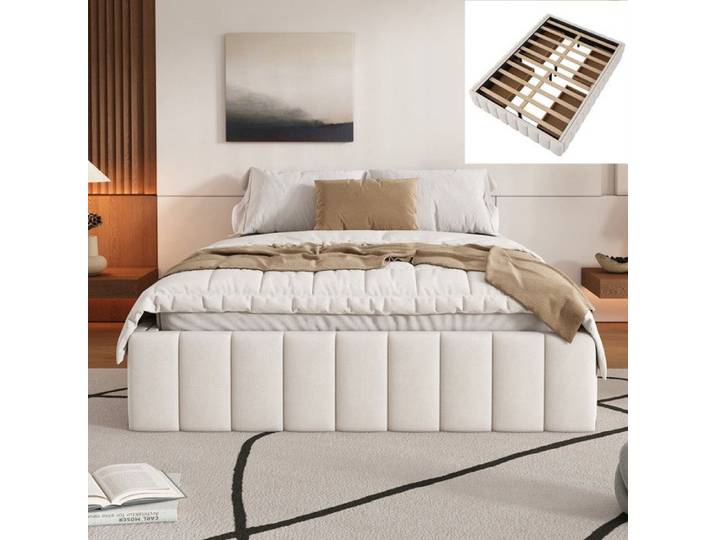 Lit double 140x200 cm - Rembourré - Beige - 4 tiroirs de rangement - Design minimaliste