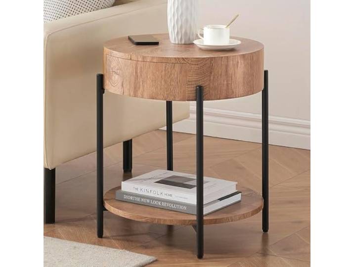 FairyLee Runder Couchtisch mit Schubladen & Ablage Holzoptik Eichenholz-Natur