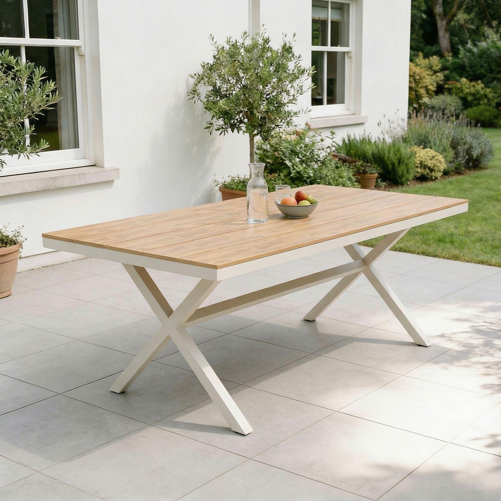 Gartentisch ISOLA 180 x 100 cm, Weiß/Natur - stabiler Outdoor Tisch mit Tischplatte aus WPC in Holzoptik, pulverbeschichtetes Aluminiumgestell, wetterfest für Garten & Terrasse