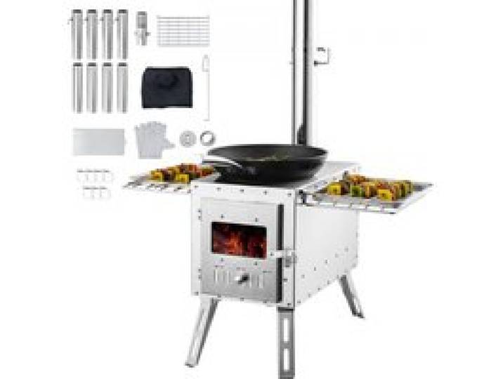VEVOR Holzofen, 590 x 790 x 2620 m, Camping-Zeltofen aus Edelstahl, Holzofen mit Kaminrohren und Handschuhen, 1646 Kubikzoll großer Feuerraum-Zeltofen zum Kochen und Heizen im Freien mit 8 Rohren