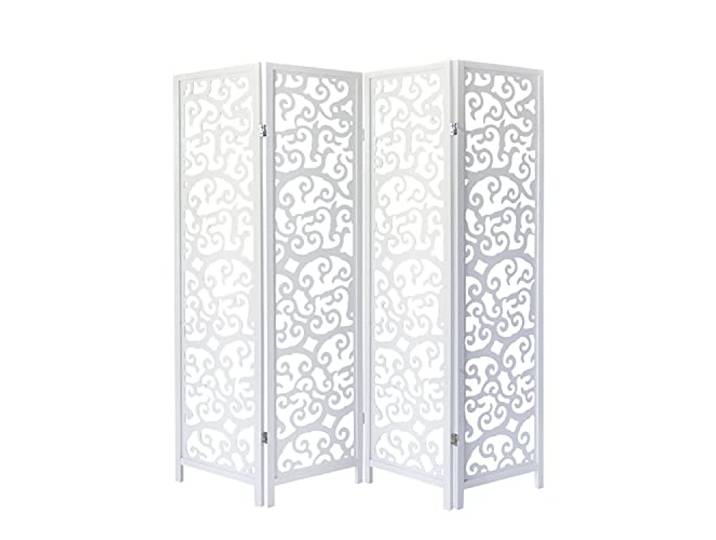 Homestyle4u Paravent Raumteiler mit Mustern Raumtrenner Innen 4 teilig Weiß Trennwand Verzierungen Sichtschutz Kiefer Holz Ornamente, Artikel 1056
