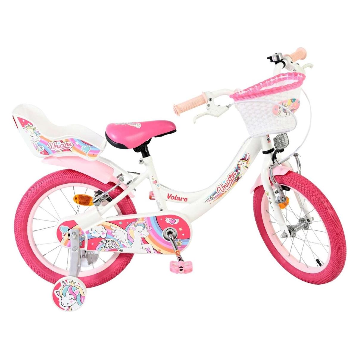 Volare Unicorn Kinderfahrrad Mädchen 16 Zoll Weiss mit Zwei Handbremsen und Zubehör (16") (72629441)