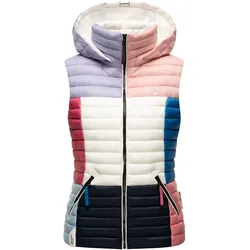 NAVAHOO Damen Steppweste Ärmellose Weste im Colourblocking-Stil und Kapuze Shadaa Multikulti