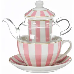 TRENDSHOP Tee-Set Tea for One rosa-weiß gestreift  5-tlg.
