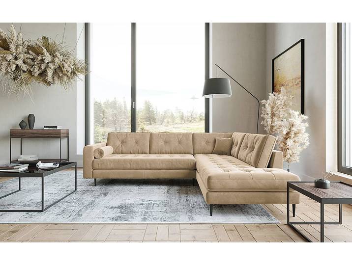 Ecksofa Purches Beige Samt Selby 259 x 87 x 205cm Ottomane davorstehend rechts Glamour