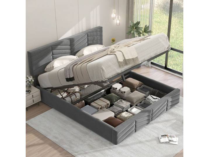 HOMVRA Lit Adulte Lit Coffre 140x190 Cm avec Fond Tête De Lit Réglable En Hauteur Velours Gris
