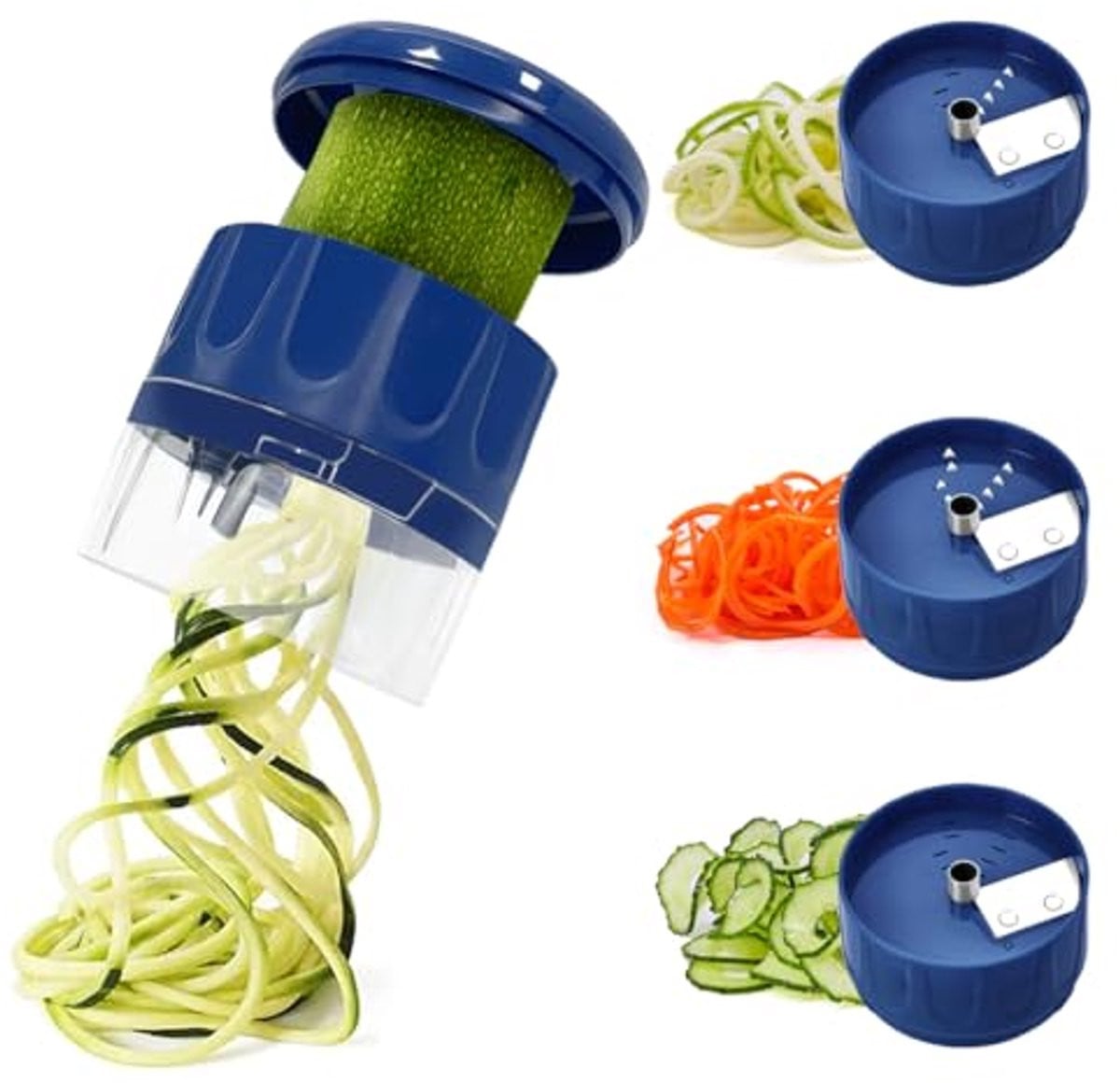 3-in-1 handmatige groentespiraal voor courgette en aardappel, BPA-vrij, vaatwasserbestendig, blauw/groen/transparant