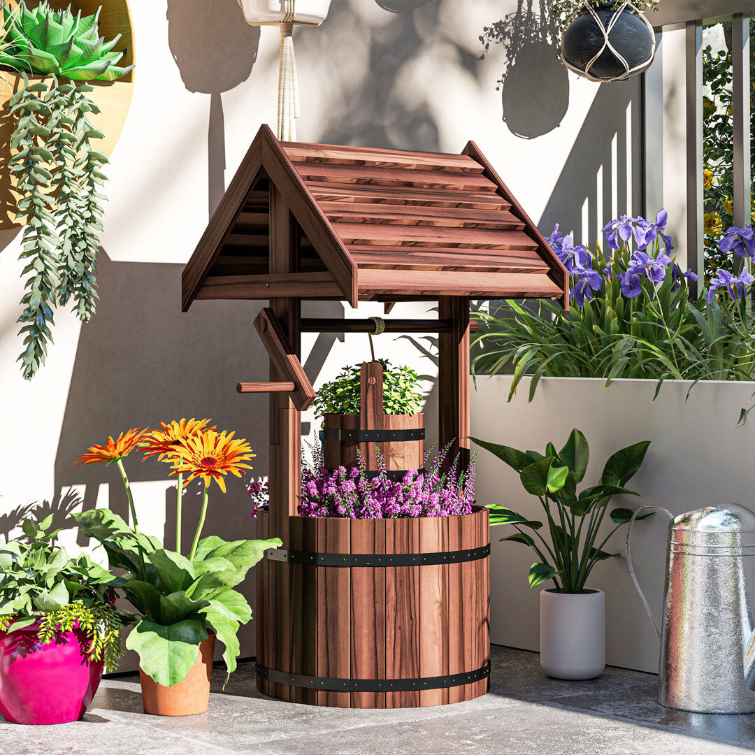Lily Manor Outsunny Wooden Wishing Well Planter Adjustable Hanging Bucket Carbonized Brown 100cm H X 51cm W X 49cm D
