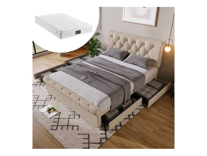 MC Star Polsterbett Doppelbett Polsterbett 140x200cm (Bettgestell mit 4 Schubladen und Höhenverstellbarem Kopfteil, Chesterfield Funktionsbett, Natürlich,Mit Matratze)