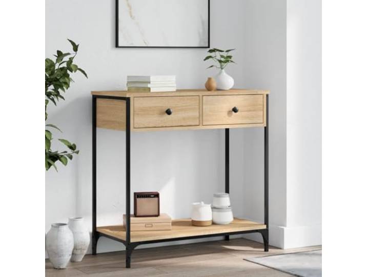 Konsolentisch Sonoma-Eiche 75x34,5x75 cm Holzwerkstoff mit Metallrahmen Stauraum für Alltagsgegenstände, verstellbare Füße, pflegeleichte Oberfläche, industrieller Look