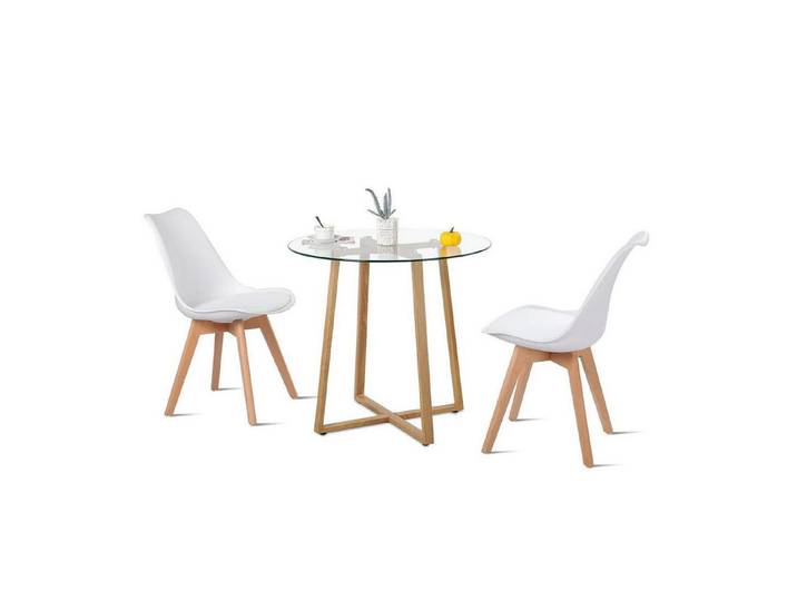 LuxusKollektion Essgruppe Esstisch Rund Glas 2 Stühle Nordisch Essgruppen 2 Weiß Buche Stühle