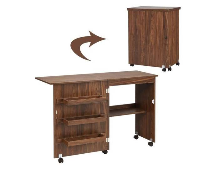 GOPLUS Bureau Pliant et Mobile - Table de Couture 3 Bacs+1 Etagère - Portes magnétiques - 118 5x40x79 5CM Brun