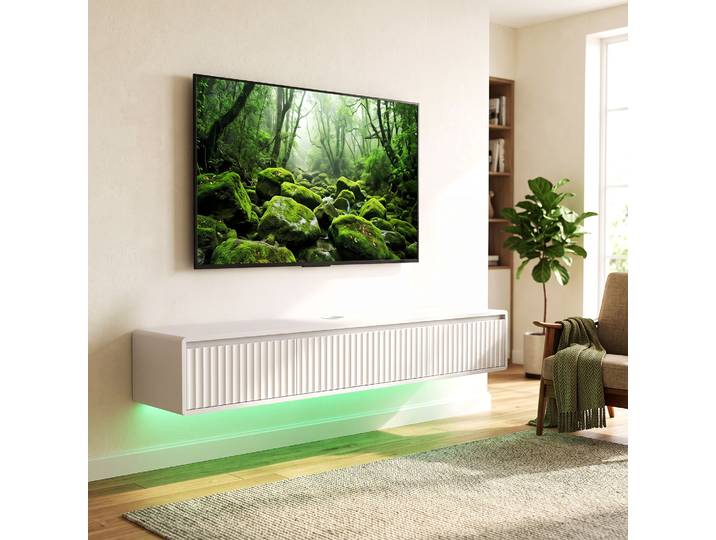 HOMCOM Meuble TV Flottant 160cm LED Prises Blanc 72 Pouces