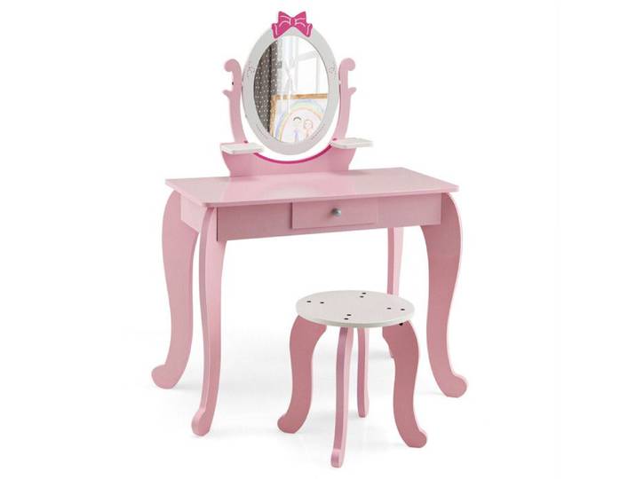 Miroir ovale rotatif amovible coiffeuse enfant avec tabouret rangement et bureau fille 3-7 ans rose