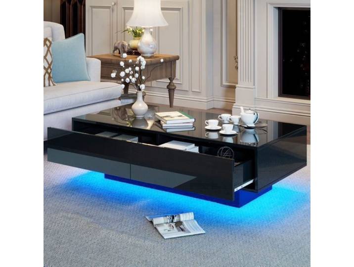 Table Basse Design Salon Noir Brillant - 2 Tiroirs + LED Éclairage 115x55x34 cm Rangement Optimal -O.Ye noir TABLE BASSE