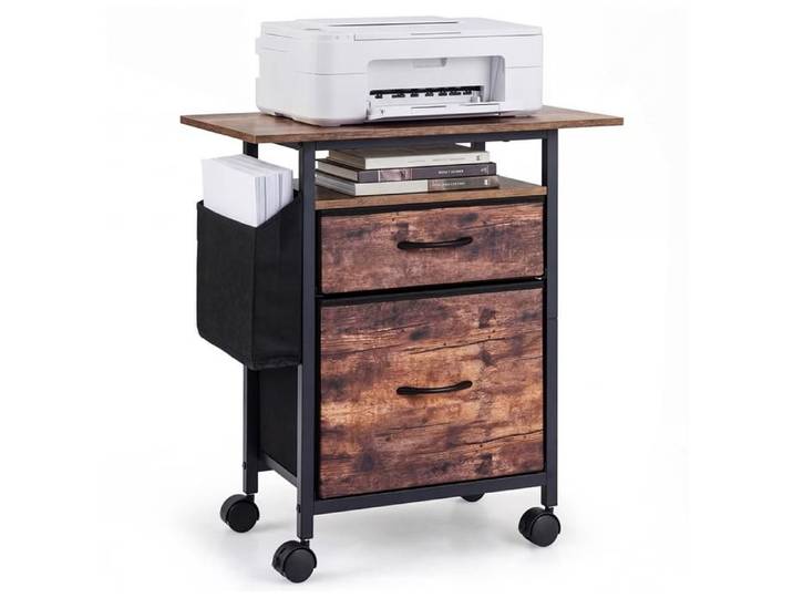 COSTWAY Caisson de Bureau à Roulettes avec 2 Tiroirs Compartiment Ouvert Étagère de Rangement Structure Métallique Marron