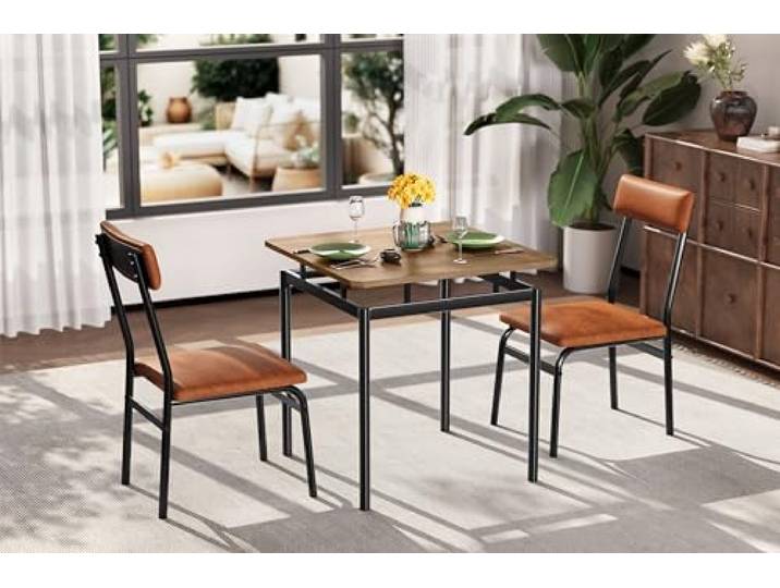 Garvee Platzsparendes 3-teiliges Essgruppe Set für 2 Personen – Moderner Esstisch mit 2 gepolsterten PU-Stühlen – Metallgestell – Holzoptik Braun – Farbe: Brown Wood Grain, Spezifikation: Brown PU