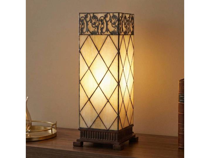 Clayre&Eef Tiffany Tischlampe DIAMOND, creme / amber, für Wohn- / Esszimmer, Glas, Tiffany, Tischlampe