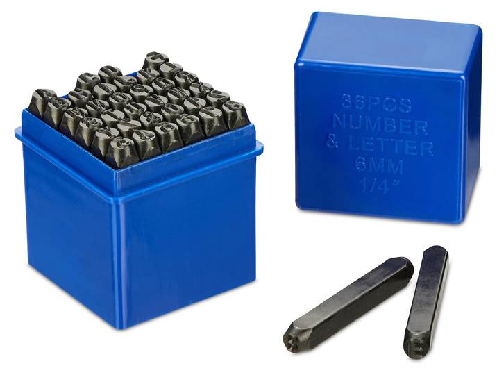 Relaxdays Schlagbuchstaben Set, 36-teilig, Schlagstempel 6 mm, Leder & Metall, Stanzwerkzeug A-Z und 0-9, Stahl, schwarz