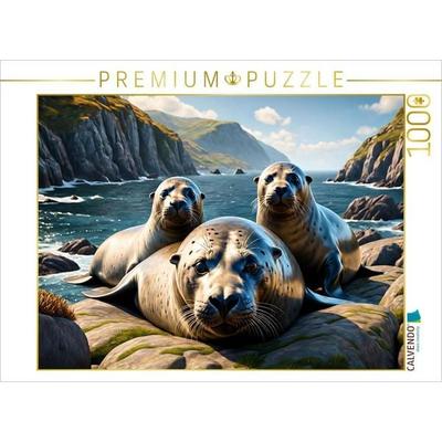 CALVENDO Puzzle Robben faulenzen auf den Felsen | 1000 Teile Lege-Größe 64x48cm Foto-Puzzle für glückliche Stunden